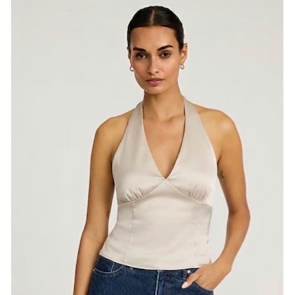 Express NWT Champagne Satin Halter Crop top V-Neck Smocked Back Sz L Y2K‎ glam